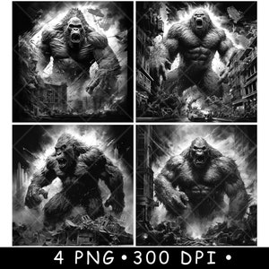 Ataque de primate rey Paisaje urbano Gorila furioso Simio alborotado Archivo láser Posavasos Quemar Escala de grises Pizarra Imagen PNG Grabado Blanco y negro Grabado CO2 CNC