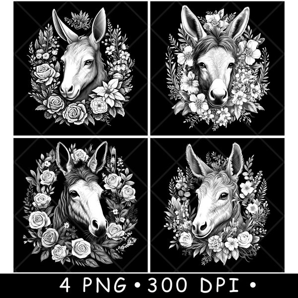 Donkey Head Burro Ass Mule Floral Esel Face Scene Coaster Laser File Slate Etch Engrave Black White PNG Images,Glowforge,LightBurn,CO2,Cnc