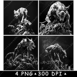 Lupo mannaro, demone, cane, ratto, cane infernale, mostro rabbioso, bestia, arte, file laser, sottobicchiere, brucia, scala di grigi, ardesia, immagine PNG, incisione, bianco e nero, incisione CO2 CNC