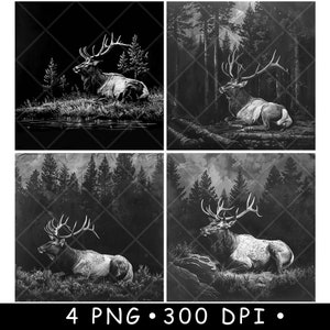 Eland Bos Bos Stier Wapiti Hert Hert Wilde Dieren Dennen Laserbestand Onderzetter Branden Grijstinten PNG-afbeelding Graveren Zwart Wit Leisteen Etsen CO2 Cnc
