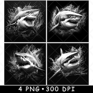 Great White Bull Shark Attack Breach Head Jaws Ocean Predator Laser File Coaster Burn Grayscale Slate PNG Image Engrave Black Etch CO2 Cnc