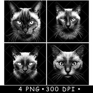 Tête de chat siamois Art pour animaux de compagnie Portrait pour les amateurs de photos fichier fichier laser sous-verre graver en niveaux de gris ardoise Image PNG graver noir blanc gravure CO2 Cnc