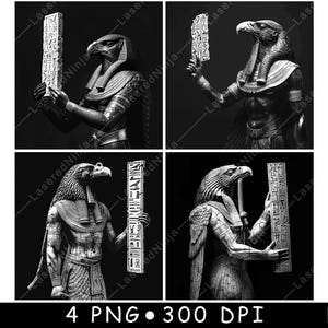 May include: Four black and white images of statues of a bird-headed deity holding a tablet with hieroglyphs. The statues have detailed carvings and are set against a dark background. The text "4 PNG • 300 DPI" is at the bottom.