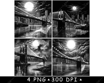 Pode incluir: Um conjunto de quatro ilustrações digitais a preto e branco que retratam a Ponte de Brooklyn à noite sob uma lua cheia, com horizontes urbanos e reflexos na água. O texto na parte inferior diz 4 PNG 300 DPI, indicando formato e resolução.