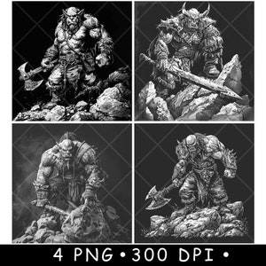 Hacha de batalla de guerrero orco feo, arma, roca, señor oscuro, señor de la guerra, archivo láser, posavasos, quemar, escala de grises, pizarra, imagen PNG, grabar, blanco y negro, grabado, CO2, CNC