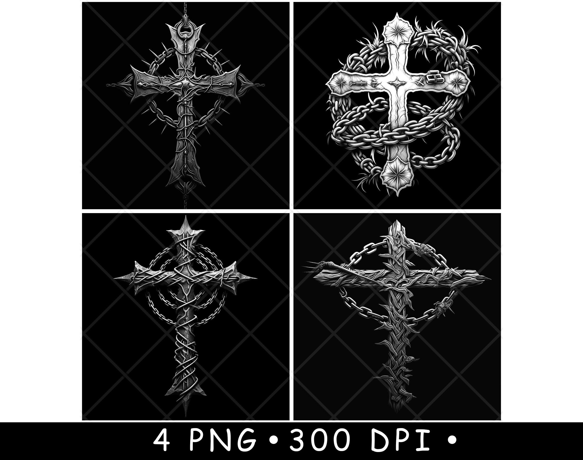 Gothic Cross Thorn Chain Crucifix Dark Faith Black White PNG