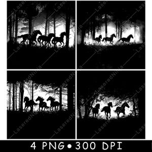 Drie paarden rennen bos wild paardensport bos kudde laserbestand achtbaan branden grijstinten leisteen PNG-afbeelding graveren zwart wit etsen CO2 cnc