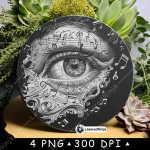Olho Notas Musicais Peça Lágrimas Cantor Artista Música Alma Laser Arquivo Coaster Queimar Tons De Cinza Ardósia PNG Imagem Gravar Preto Branco Gravar CO2 Cnc