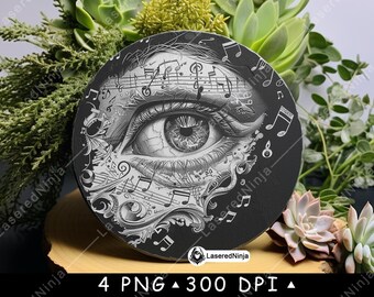 Eye Musical Notes Piece Tears Singer Artist Music Soul Laser File Coaster Burn Grayscale Slate PNG Image Engrave Black White Etch CO2 Cnc