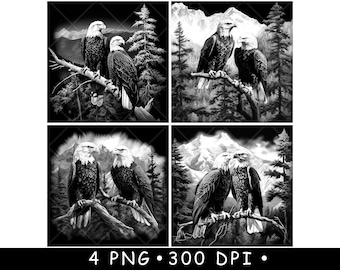 Pareja de águilas calvas, patriota, rama de árbol, escena de pájaro, láser, PNG, posavasos de pizarra, grabado en madera, negro, blanco, CNC, Glowforge, LightBurn, diodo de CO2, xtool