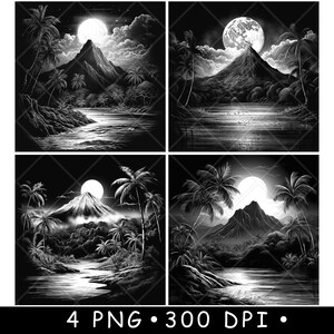 May include: Four black and white digital illustrations of a tropical island scene with a mountain, palm trees, and a full moon. The moon is in a different position in each image.