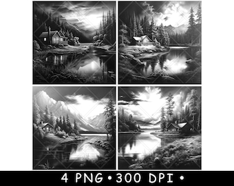 Mountain Lake Cabin Bundle Black White Forest Reflection Scenic Landscape Laser Engraving Design
