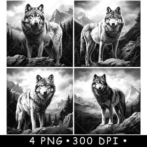 Loup gris montagne faune prédateur vallée scène laser PNG ardoise sous-verres gravure sur bois noir blanc CNC, Glowforge, LightBurn, Diode CO2, xtool