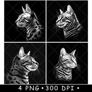 Amantes de los gatos de Bengala Mascota Felino Manchado Animal salvaje Cabeza Archivo láser Posavasos Quemar Escala de grises Pizarra Imagen PNG Grabar Grabado en blanco y negro CO2 Cnc