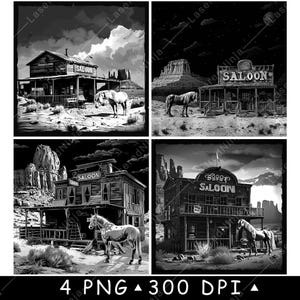 Western Saloon Horse Desert Bar Country Old Frontier Town Fichier laser sous-bock graver en niveaux de gris Ardoise Image PNG Graver noir et blanc Etch CO2 Cnc