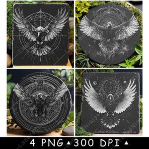 Corvo Ali Spiegate Cerchio Scuro Sfera Celeste Corvo Oscuro File Laser Sottobicchiere Brucia Scala di Grigi Ardesia Immagine PNG Incisione Nero Bianco Incisione CO2 CNC