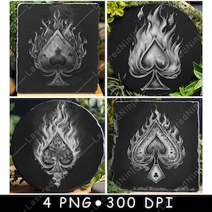 Cartas en llamas, picas, as en llamas, póker ardiente, fuego, láser, posavasos, quemar, escala de grises, pizarra, imagen PNG, grabar, blanco y negro, grabado, CO2, CNC