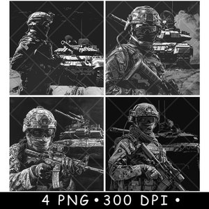 Soldaat militair geweer Modern leger oorlogvoering tactisch laserbestand onderzetter branden grijstinten leisteen PNG-afbeelding graveren zwart wit etsen CO2 CNC