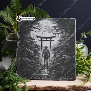 Samurai Torii Gate Giapponese Sacro Ninja Assassino Gateway Sottobicchiere Laser Brucia in scala di grigi Immagine PNG Incidere File in bianco e nero Slate Etch CO2 Cnc immagine 5