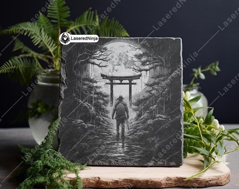 Samurai Torii Gate Giapponese Sacro Ninja Assassino Gateway Sottobicchiere Laser Brucia in scala di grigi Immagine PNG Incidere File in bianco e nero Slate Etch CO2 Cnc immagine 5