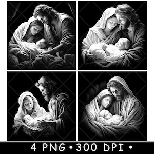 Scène de naissance de Jésus-Christ Marie et Joseph Nazareth sous-bock fichier laser ardoise graver Images PNG noir blanc, Glowforge, LightBurn, CO2, Cnc