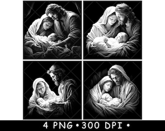 Holy Family with Baby Jesus Mary Joseph Nativity Portrait Black White Laser Engraving Design
