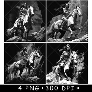 Warrior Woman Riding White Horse Mountain Horseback Scene Black White Laser Engraving Design Print