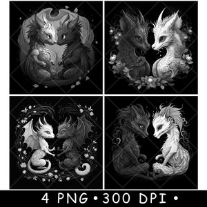 Dois dragões fofos casal mito drache yin yang lenda par arquivo laser coaster queimar tons de cinza ardósia imagem PNG gravar preto branco gravar CO2 cnc