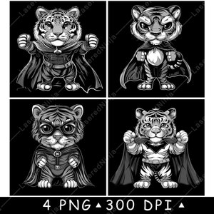 Carino costume da supereroe con mantello da tigre, abbigliamento, cartone animato, gatto selvatico, file laser, sottobicchiere, brucia, scala di grigi, ardesia, immagine PNG, incisione in bianco e nero, incisione CO2 CNC