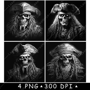 May include: A digital illustration of a skull wearing a pirate hat and a bandana. The skull has long, flowing hair and a beard. The background is black.