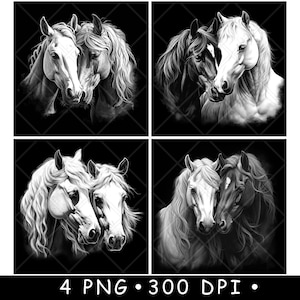 Couple de chevaux tête Arabian Mustang Ranch Farm Laser PNG sous-bock en ardoise gravure sur bois noir blanc CNC, Glowforge, LightBurn, Diode CO2, xtool