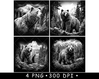 Orso grizzly Nero Marrone Foresta Scena di montagna Laser PNG Sottobicchiere in ardesia Incisione Legno brucia Nero Bianco Cnc, Glowforge, LightBurn, Diodo CO2, xtool