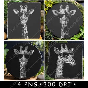 May include: Four black slate coasters featuring a white line drawing of a giraffe wearing sunglasses. Each coaster depicts a different pose of the giraffe.