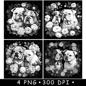 Bouledogues anglais couple roses tête fleurs florales chien animal de compagnie fichier laser sous-bock graver en niveaux de gris ardoise image PNG graver noir blanc gravure CO2 Cnc