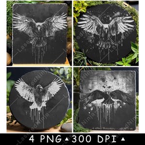 Fliegender Rabe Gothic Amsel Ausgebreitete Flügel Krähe Wildtiere Laser-Datei-Untersetzer Brennen Graustufen Schiefer PNG Bild Gravieren Schwarz Weiß Etch CO2 Cnc