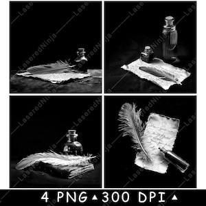 Ancient Pen Ink Feather Quill Book Write Paper Old Notes Laser File Coaster Burn Grayscale Slate PNG Image Engrave Black White Etch CO2 Cnc