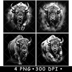 May include: A black and white digital illustration of a charging bull with a dramatic, powerful pose. The bull is depicted in a realistic style with detailed features and a sense of motion.