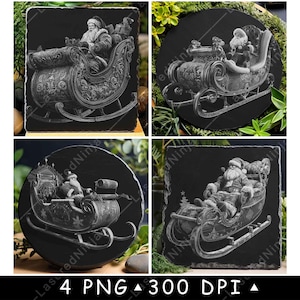 Kerstman slee kerstavondrit cadeau slee vakantie laserbestand onderzetter branden grijstinten leisteen PNG-afbeelding graveren zwart wit etsen CO2 CNC