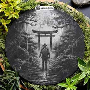 Samurai Torii Gate Giapponese Sacro Ninja Assassino Gateway Sottobicchiere Laser Brucia in scala di grigi Immagine PNG Incidere File in bianco e nero Slate Etch CO2 Cnc immagine 4