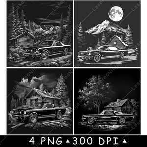 Könnte beinhalten: Vier Schwarzweiß-Digitalillustrationen eines klassischen Autos, das vor einer Hütte im Wald geparkt ist. Das Auto ist ein Oldtimer Ford Mustang. Die Illustrationen sind im Retro-Stil gehalten.