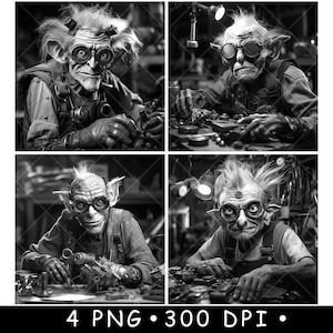 May include: Four black and white images of a goblin-like creature wearing goggles and overalls working on a workbench.