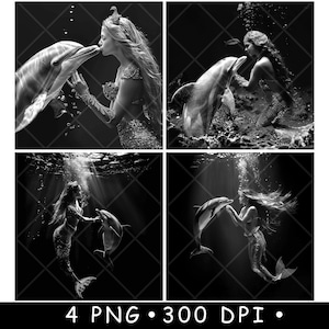 Meerjungfrau Prinzessin Delfin Magische Fantasie Schöne Sirene Laser Untersetzer Brennen Graustufen Schiefer PNG Bild Gravieren Schwarz Weiß Etch CO2 Cnc