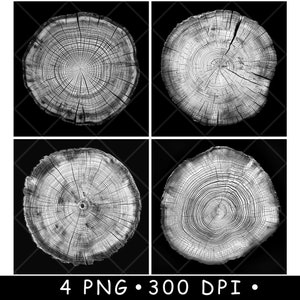 May include: Four grayscale images of wood slices, each showcasing the intricate patterns of tree rings. The images are arranged in a 2x2 grid against a black background. The text "4 PNG • 300 DPI •" is at the bottom.
