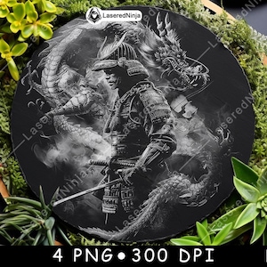 Samurai Dragon Warrior Japanese Katana Epic Battle Myth Laser File Coaster Burn Grayscale Slate PNG Image Engrave Black White Etch CO2 Cnc