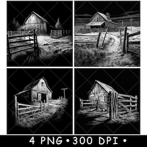Ferme rustique, grange, ranch, clôture, pâturage rural, paysage, fichier laser, sous-verre, graver, niveaux gris, ardoise, image, PNG, graver, noir blanc, gravure, CO2, cnc