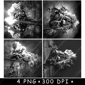 Dampfmaschine Zug Alte Eisenbahn Waggon Fahrzeug Lok Laser Untersetzer Brennen Graustufen Schiefer PNG Bild Gravieren Schwarz Weiß Etch CO2 Cnc Art