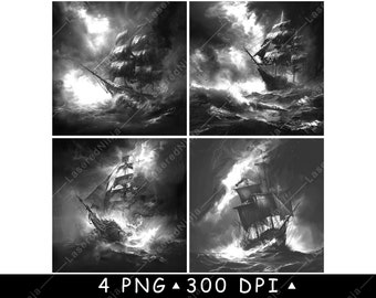 Storm Ship Bundle Black White Pirate Sailing Vessel Ocean Waves Nautical Laser Engraving Design