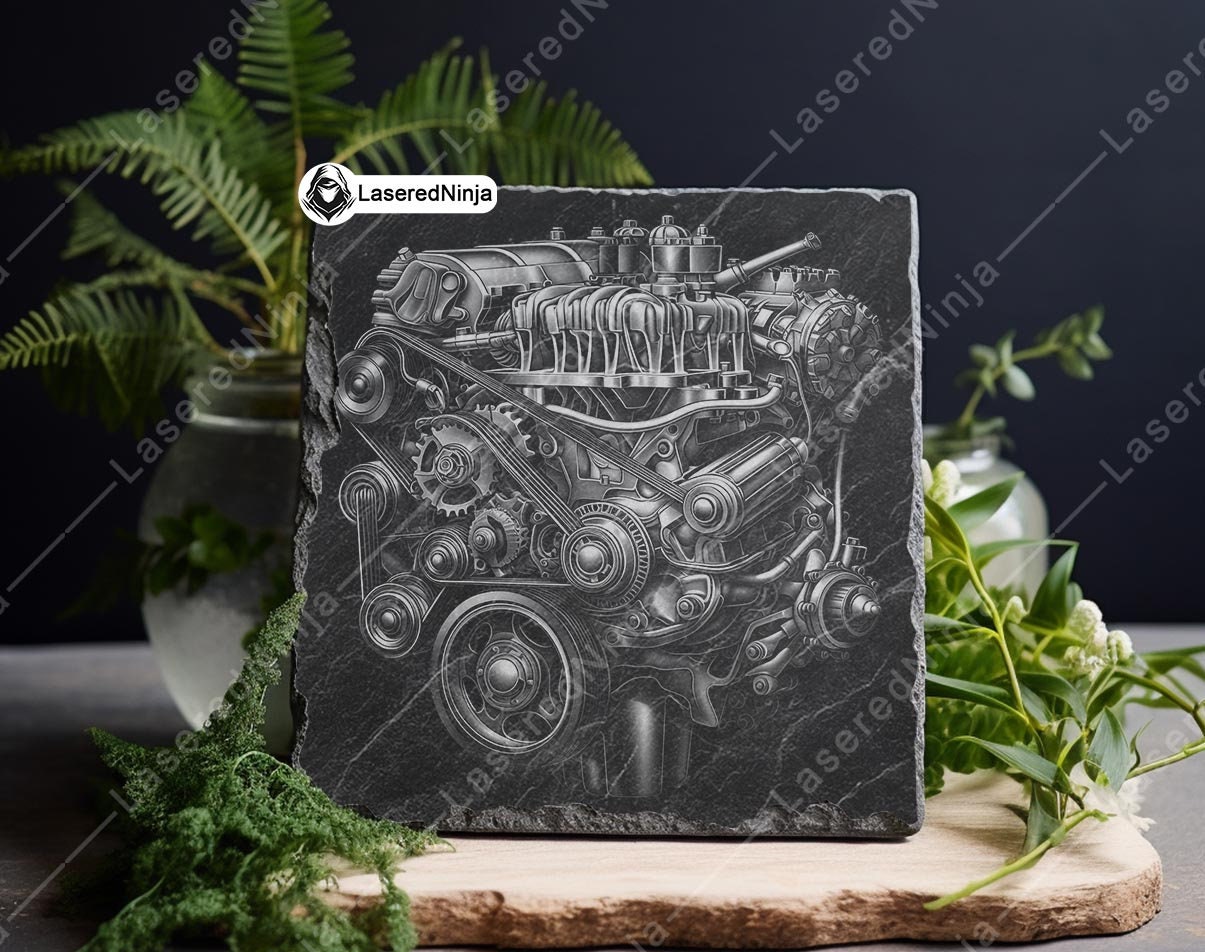 Car Engine Art - Mechanical Engine Illustration for Laser Engraving and ...