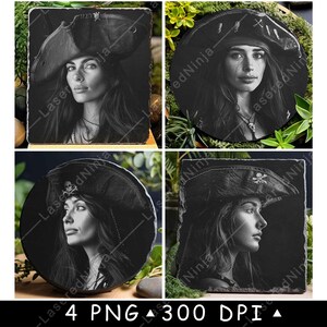 Puede incluir: Cuatro posavasos de pizarra negra con temática pirata. Cada posavasos presenta a una mujer con un sombrero de pirata negro y un diseño de calavera y huesos cruzados. Los posavasos son de 300 DPI.