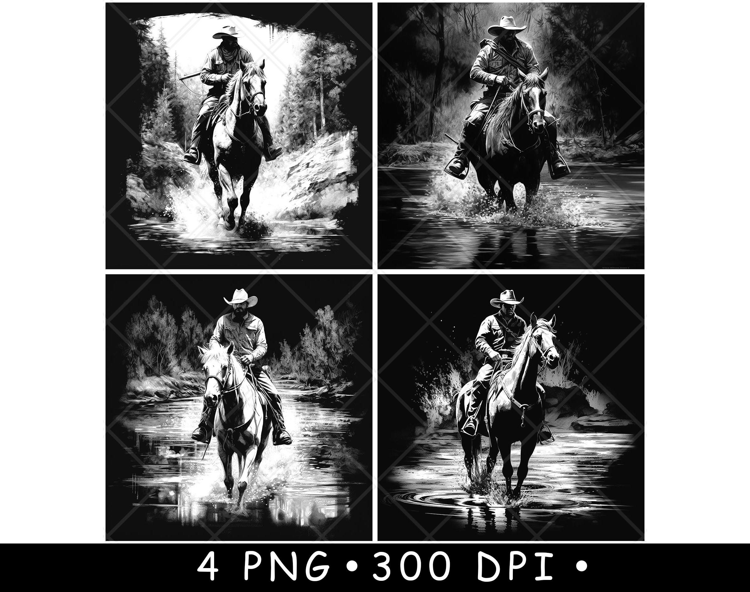 Cowboy Horse River Western Horseman Bandit Ranch Arthur Laser File Coaster Burn Grayscale Slate PNG Image Engrave Black White Etch CO2 Cnc